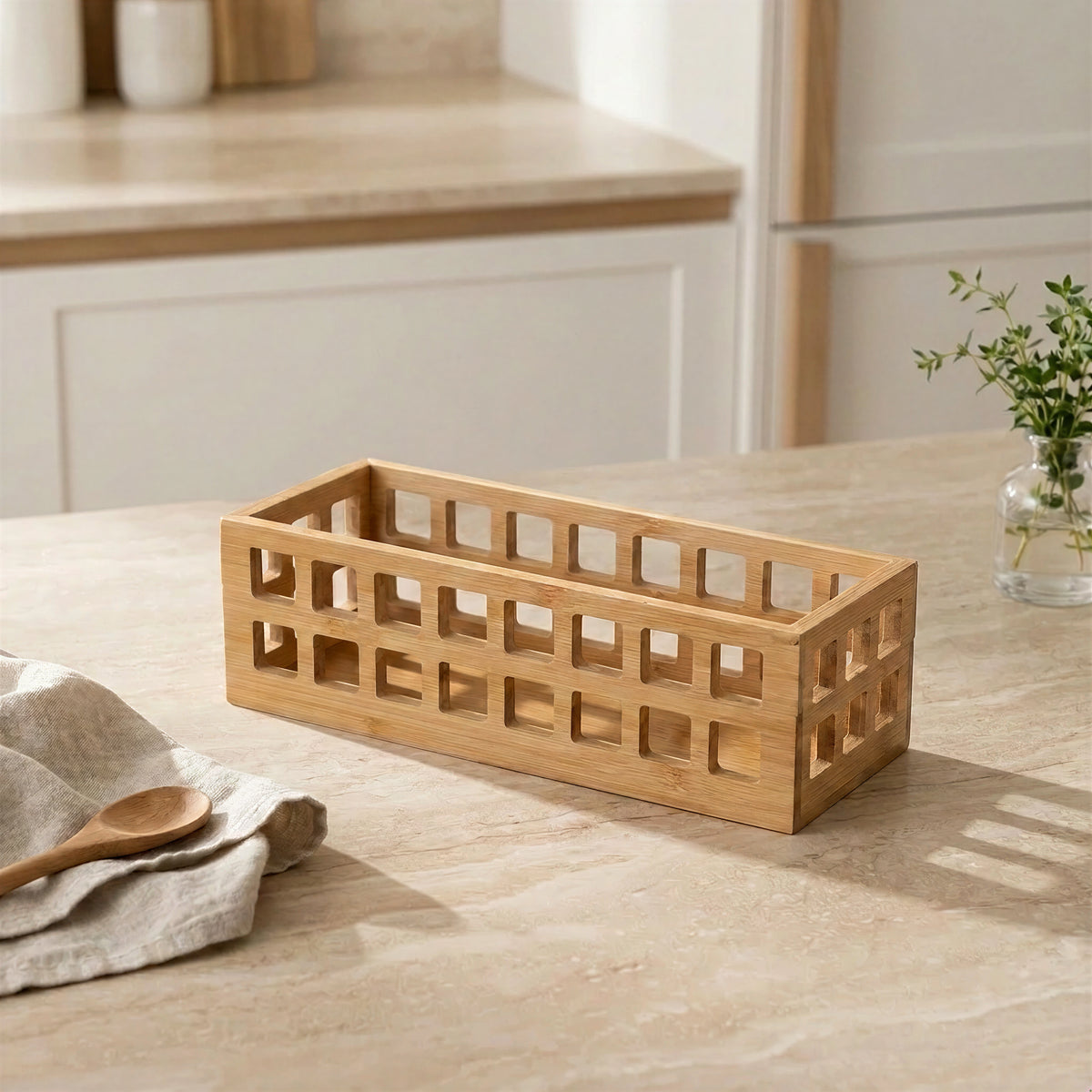 Wooden basket on a wooden table with a neutral background