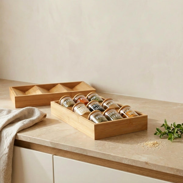 Bamboo Spice Drawer Organiser with 9 Jars – 3 Tier Rack