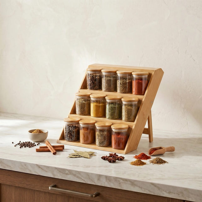 Bamboo Spice Rack Stand With 12 Spice Jars