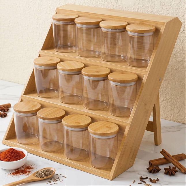Bamboo Spice Rack Stand With 12 Spice Jars