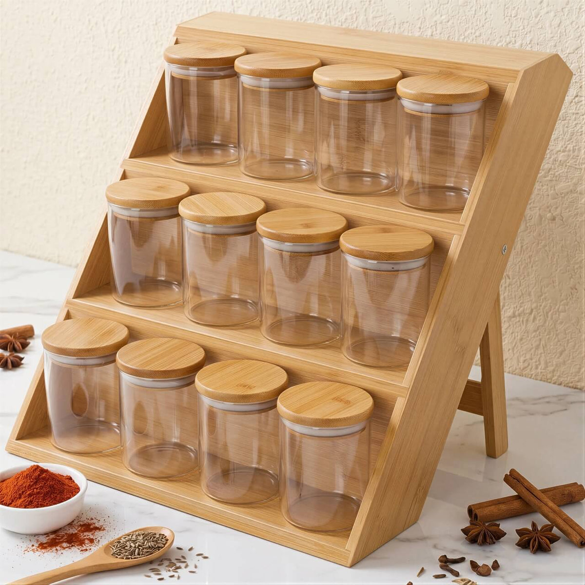 Bamboo Spice Rack Stand With 12 Spice Jars