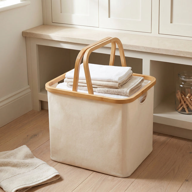 Beige Linen Basket with Double Handle