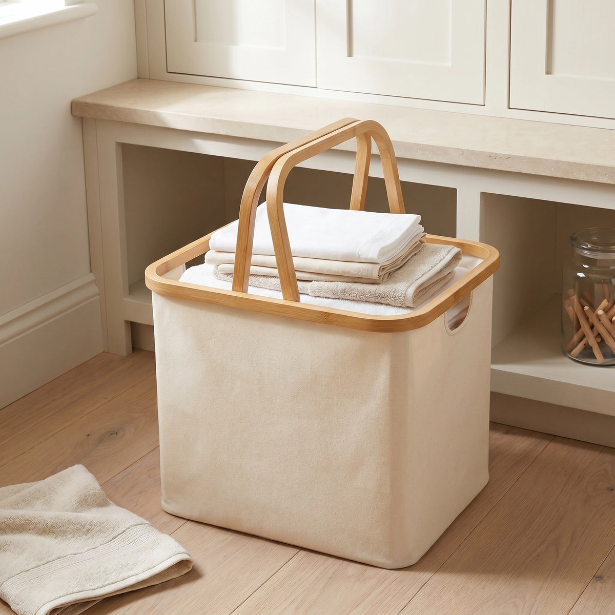 Beige Linen Basket with Double Handle