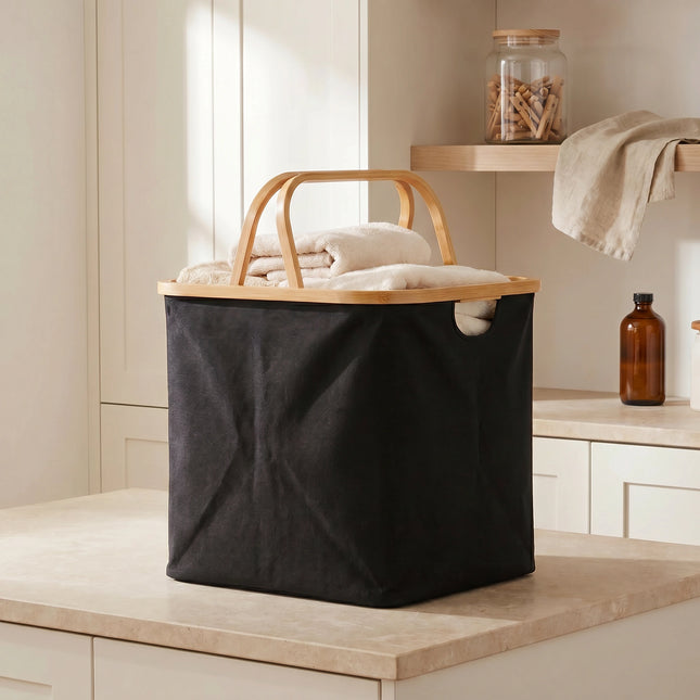 Black Linen Basket with Double Handle