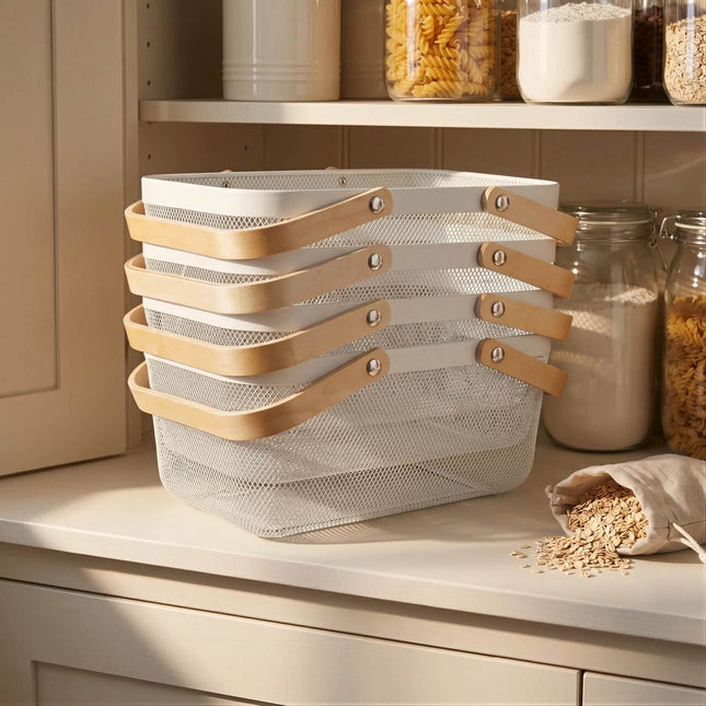 White Mesh Storage Basket With Bamboo Handle – 4 Pack