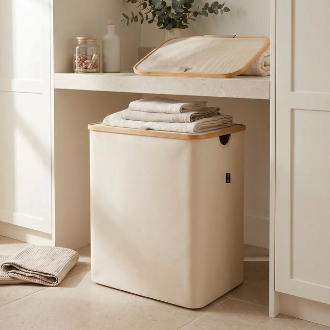 Large Beige Linen Storage Basket with Mesh Lid