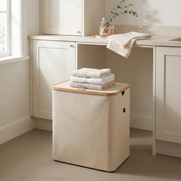 Large Beige Linen Storage Basket with Mesh Lid
