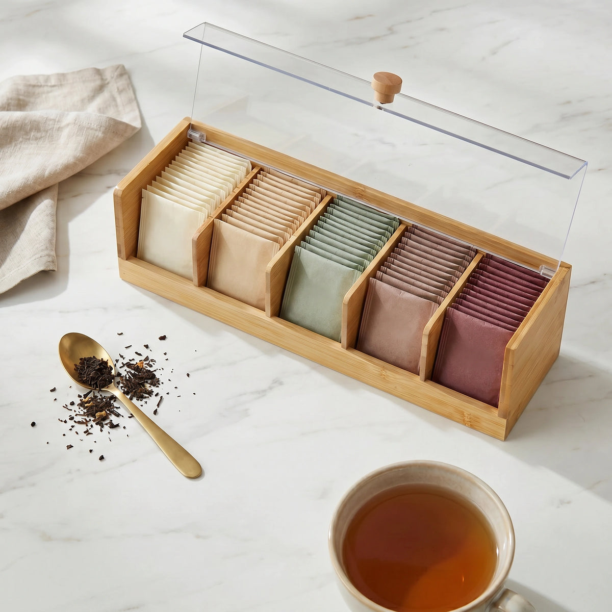Bamboo Tea Bag Organiser with Acrylic Lid