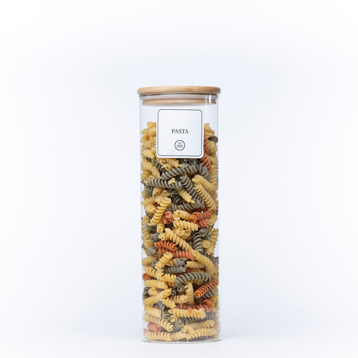 2100ml Glass Storage Jar with Bamboo Lid filled with colourful pasta, ideal for kitchen and pantry organisation, a must-have glass jar.