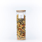2100ml Glass Storage Jar with Bamboo Lid filled with colourful pasta, ideal for kitchen and pantry organisation, a must-have glass jar.