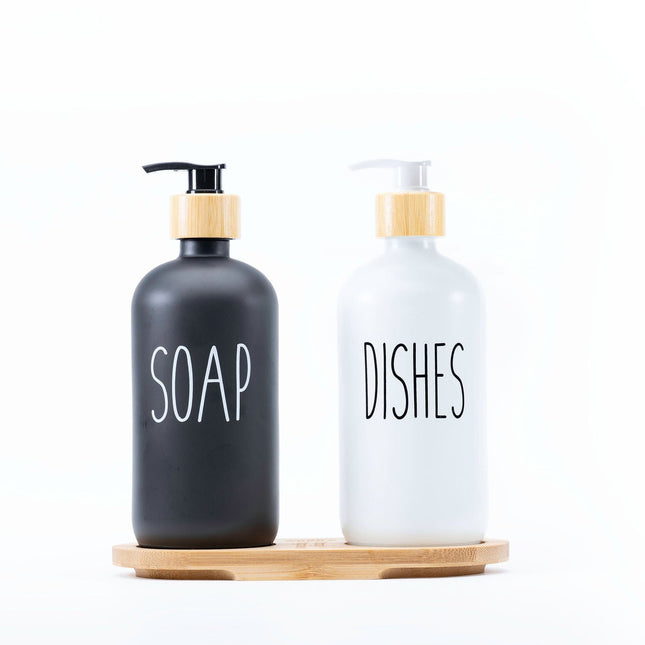 Glass Pump Bottles + Bamboo Tray – 500 ml Set for kitchen with black and white soap dispensers.