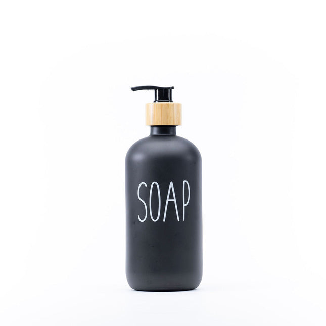 Black Glass Pump Bottle – 500 ml Refillable Dispenser for kitchen or bathroom soap storage. Enhances kitchen organisation.