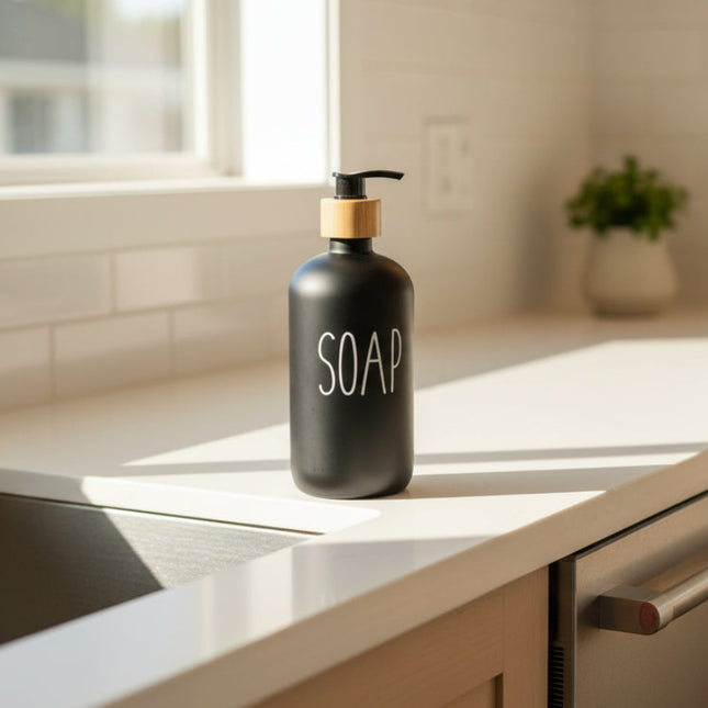 Black Glass Pump Bottle – 500 ml Refillable Dispenser on a kitchen counter for efficient soap storage in kitchen organisation.
