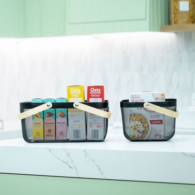 Small Black Handy Storage Basket with Wooden Handle for pantry organisation, ideal under sink or kitchen storage.