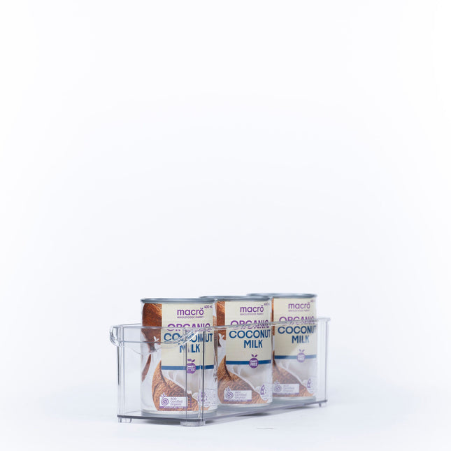 Clear Stackable Tub With Lip – Small used for pantry organisation, storing coconut milk cans for efficient kitchen storage.