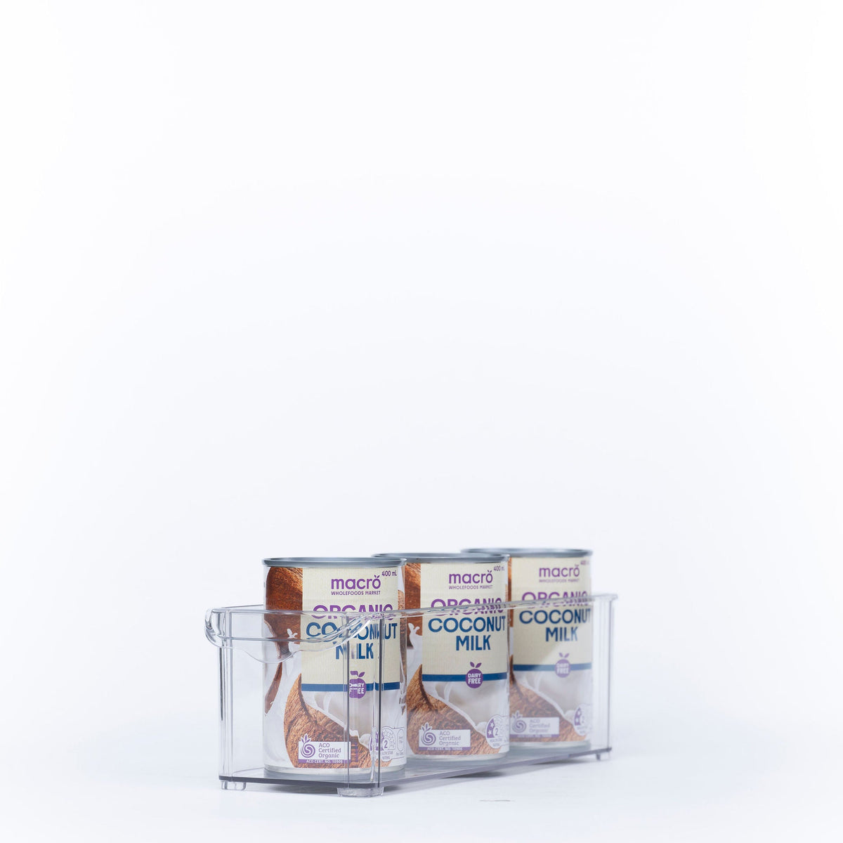 Clear Stackable Tub With Lip – Small used for pantry organisation, storing coconut milk cans for efficient kitchen storage.