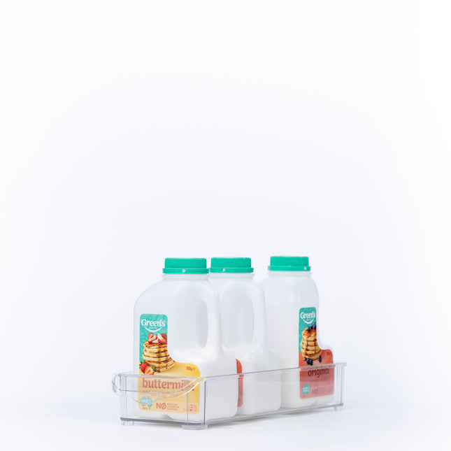 Clear Storage Tub With Lip– Mini Stackable in the fridge holding milk cartons, ideal for kitchen organisation and fridge organisers.