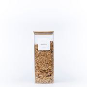 Square Glass Jar with Bamboo Lid – 1500ml Pantry Storage for kitchen organisation filled with granola. Ideal for pantry organisation.