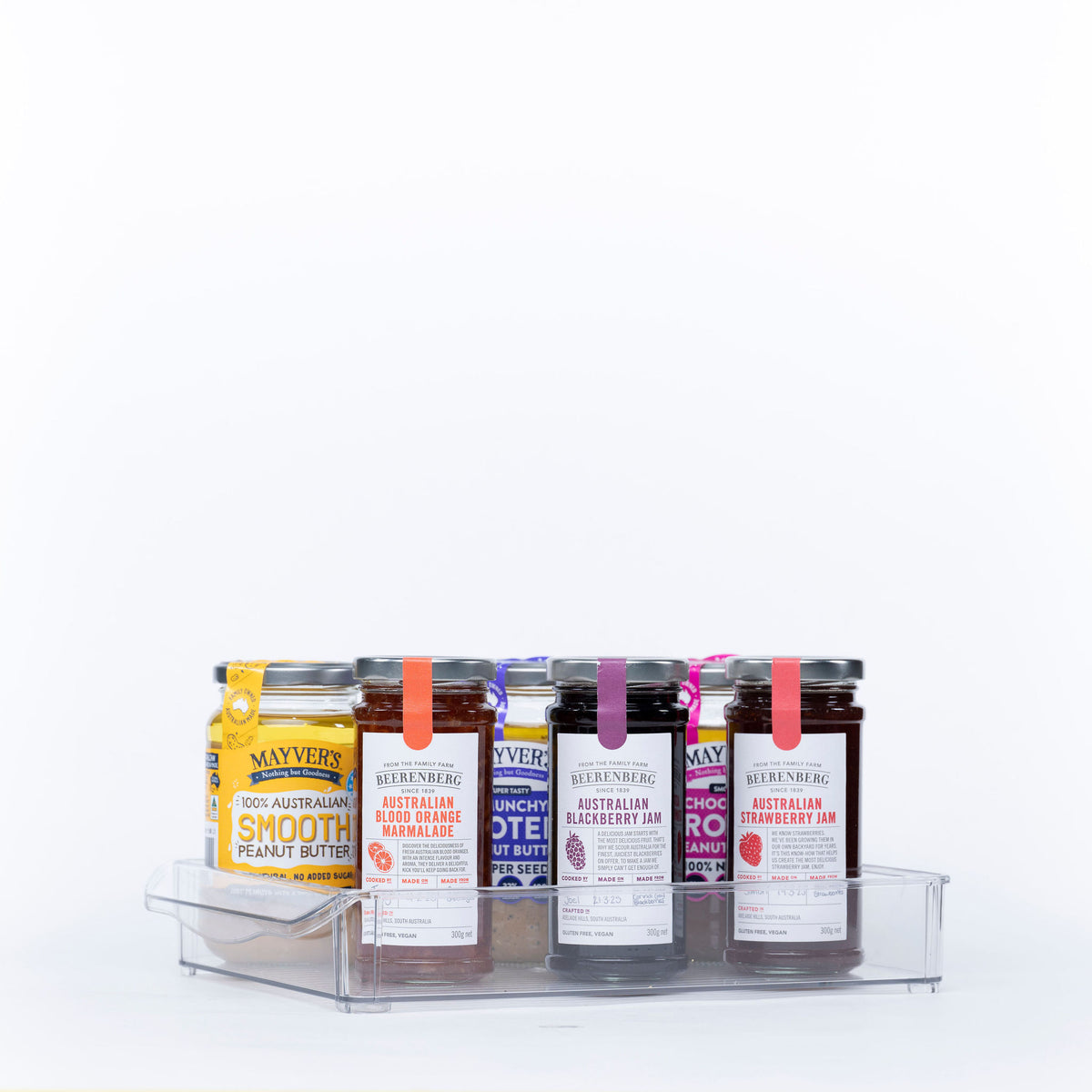 Clear Stackable Tub With Lip – Large storing jars of jam and peanut butter, ideal for pantry organisation or kitchen storage.