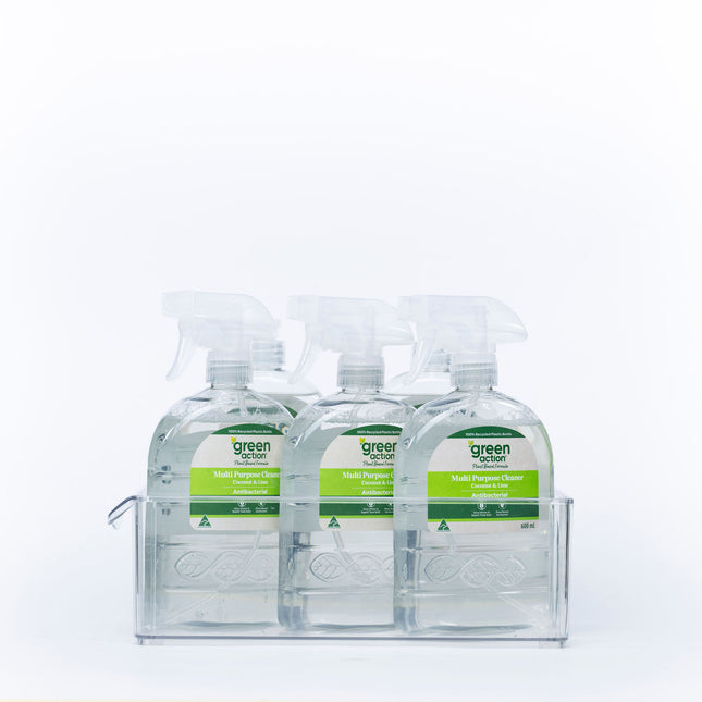 Clear Stackable Tub With Lip – Medium holding cleaning spray bottles, ideal for kitchen organisation and under sink storage.