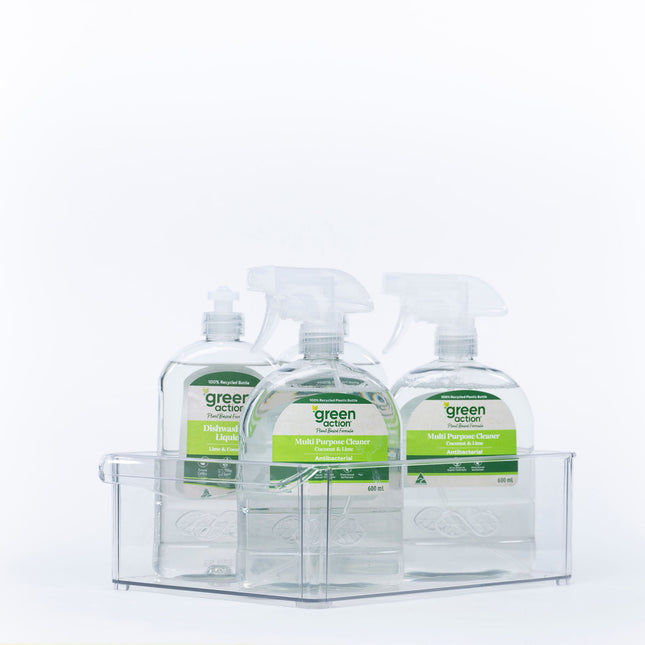 Clear Stackable Tub With Lip - Medium storing cleaning products in kitchen, ideal for under sink storage and pantry organisation.