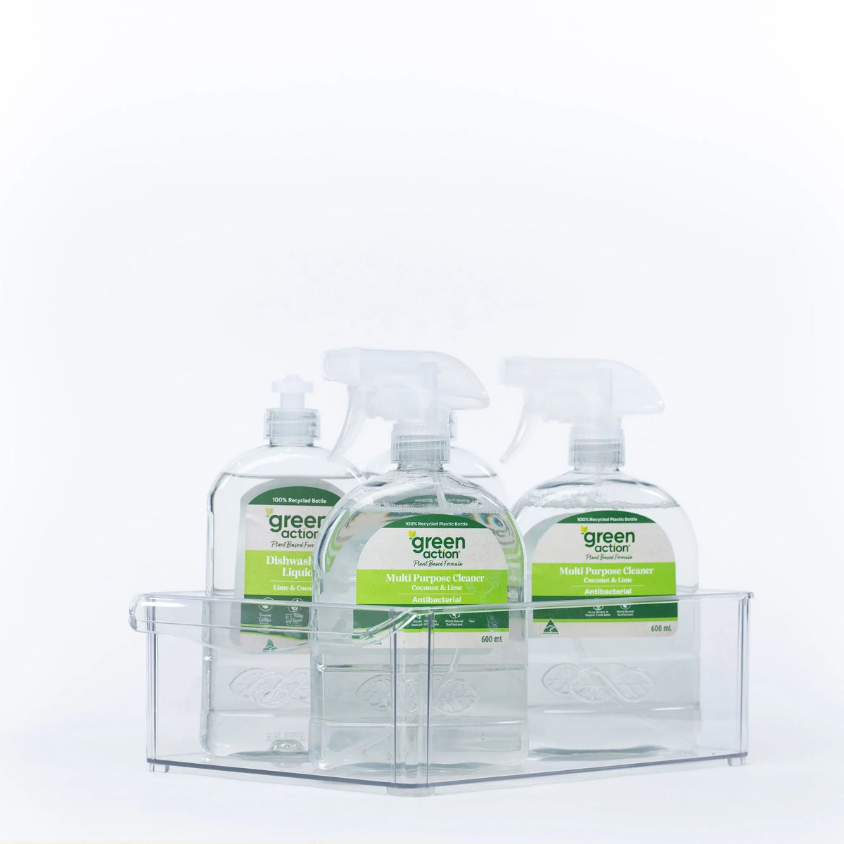 Clear storage organisers holding spray bottles as part of Small Pantry Reset Pack for efficient kitchen and pantry organisation.