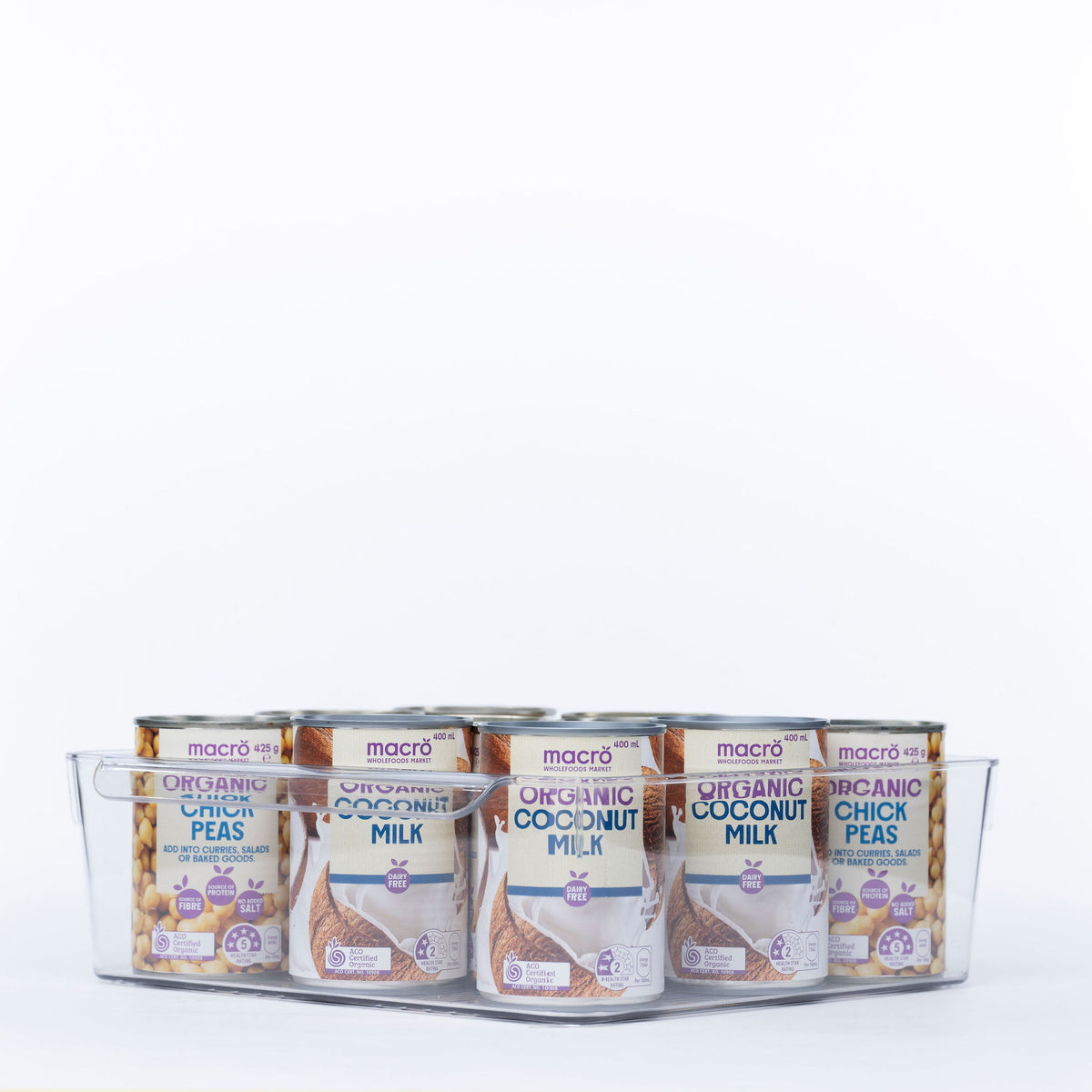 Clear Stackable Tub With Lip – XL holding canned goods, perfect for pantry organisation and efficient storage organisers.