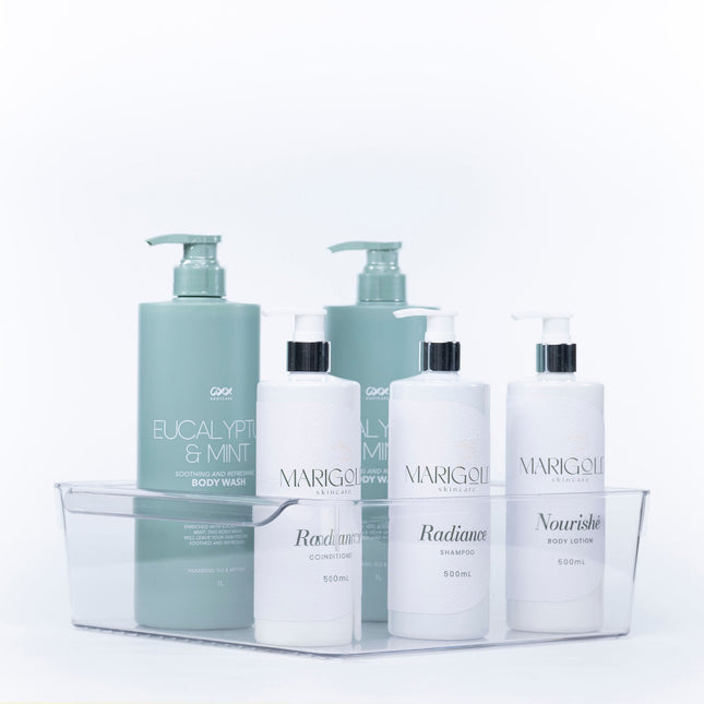 Clear Stackable Tub With Lip – XL holding shampoo bottles for bathroom organisation, ideal for storage organisers and kitchen organisation.