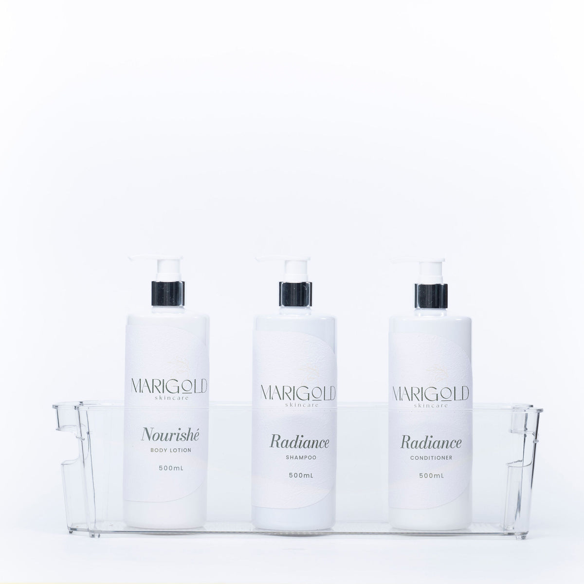 Clear Storage Tub With Handles - Medium holding bottles, ideal for bathroom or kitchen organisation, perfect for under sink storage.