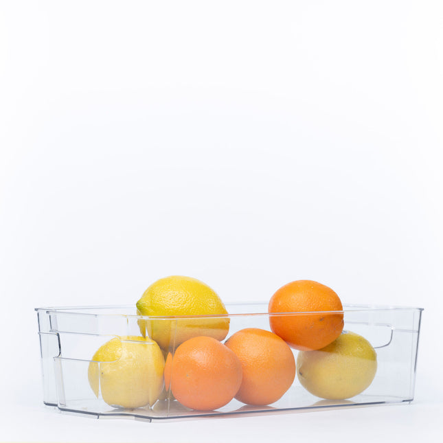 Clear Storage Tub With Handles – Large used for kitchen organisation, holding lemons and oranges. Ideal for pantry or fridge use.