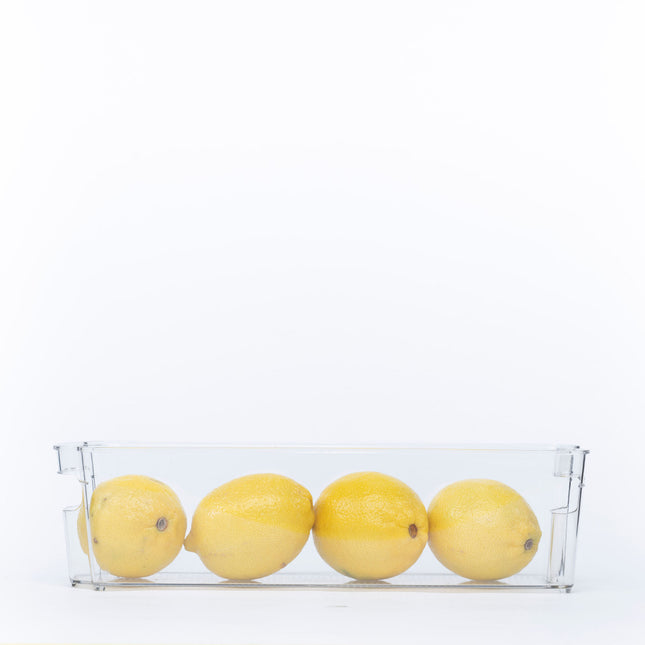 Clear Storage Tub With Handles - Medium with lemons for fridge organisers or kitchen storage, enhancing pantry organisation.