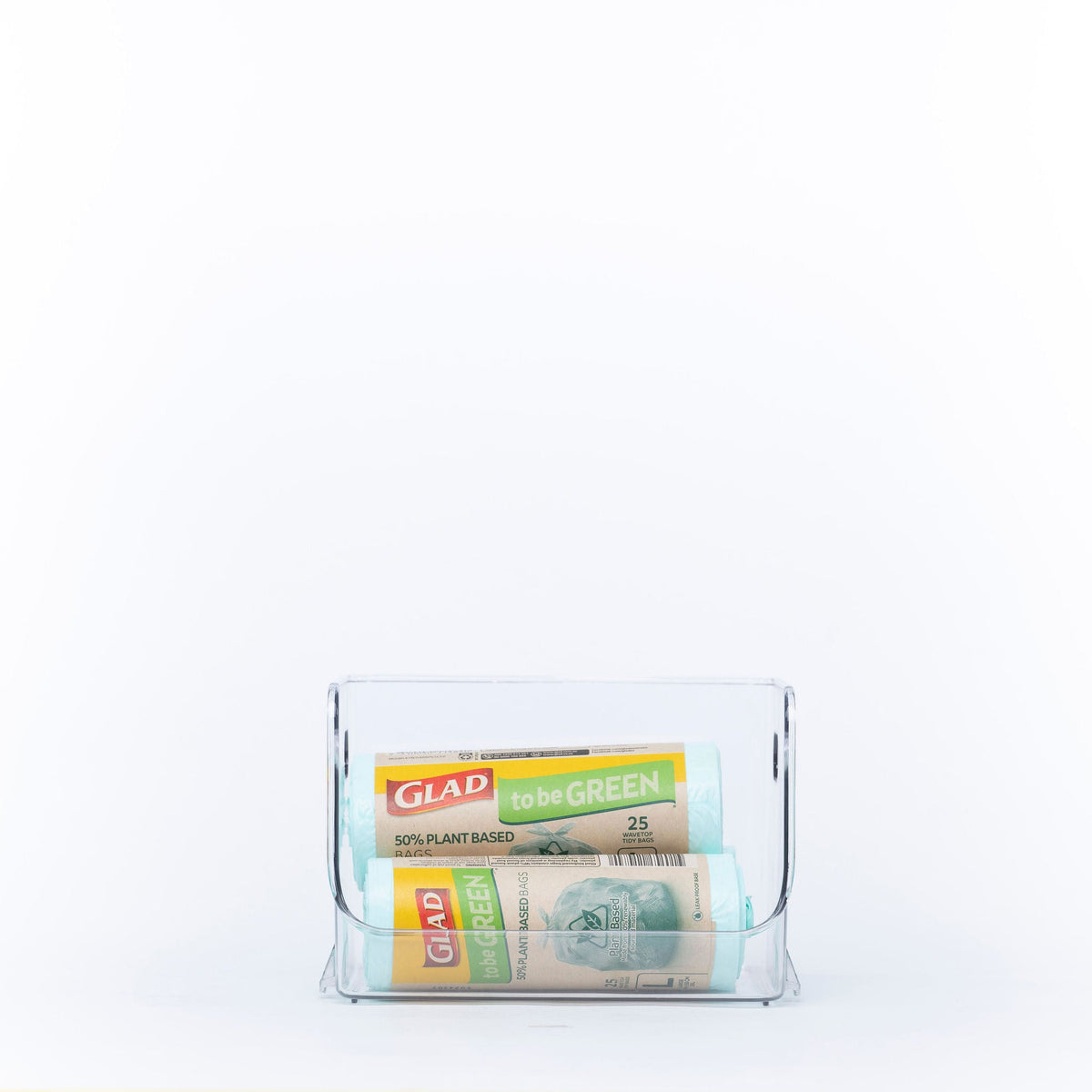 Small Clear Stackable Organiser for kitchen pantry organisation, holding rolled rubbish bags for efficient under sink storage.