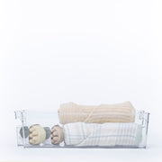 Clear Storage Tub With Handles – Large used for organised storage of kitchen towels and utensils, ideal for pantry organisation.