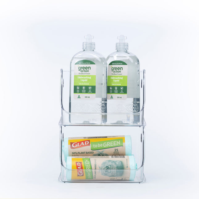 Small Clear Stackable Organiser holding kitchen supplies, ideal for pantry organisation or under sink storage; enhances kitchen organisation.