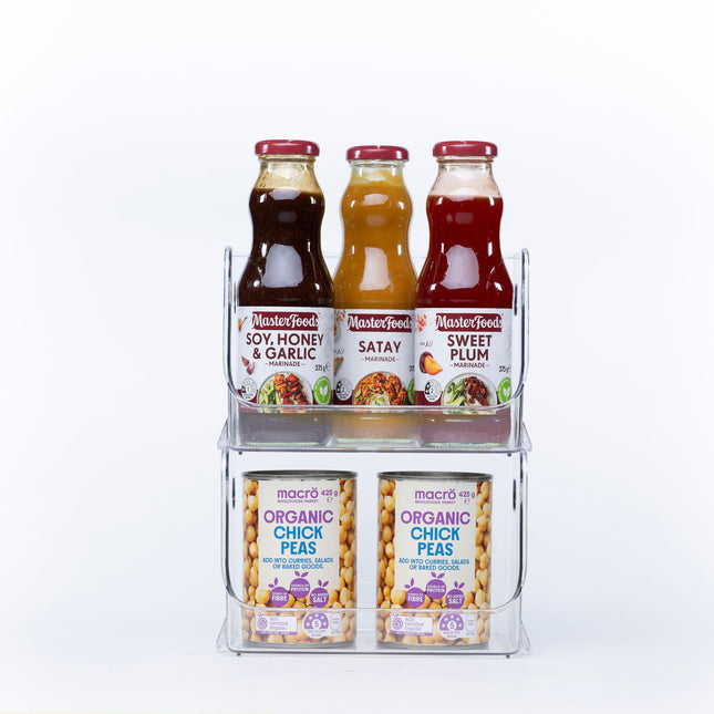 Small Clear Stackable Organiser holding sauce bottles and chickpeas, ideal for efficient pantry organisation and kitchen storage.