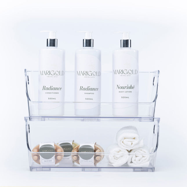 Large Clear Stackable Organiser with toiletries and towels, ideal for bathroom storage organisers and efficient space use in small areas.