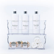 Large Clear Stackable Organiser with toiletries and towels, ideal for bathroom storage organisers and efficient space use in small areas.