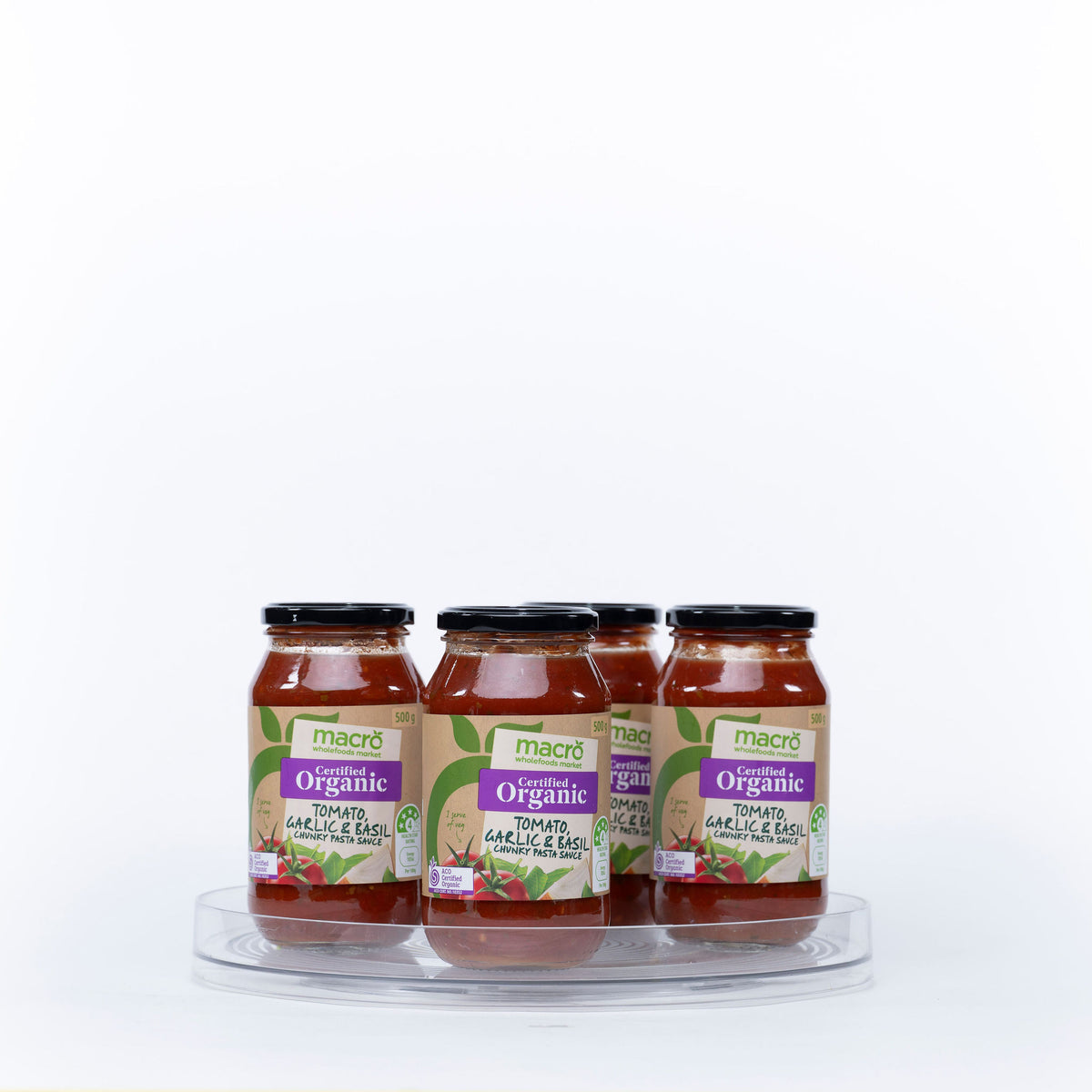 Short Round Clear Rotating Tray - Lazy Susan with jars for efficient pantry organisation and kitchen storage.