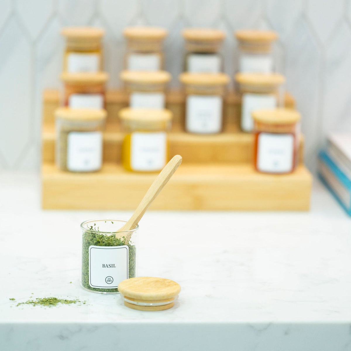 Round Glass Spice Jars with Bamboo Lid – 3 Sizes showcased in kitchen for efficient spice storage and pantry organisation.