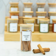 Round Glass Spice Jars with Bamboo Lid – 3 Sizes used for storing cinnamon sticks in kitchen pantry for effective organisation.