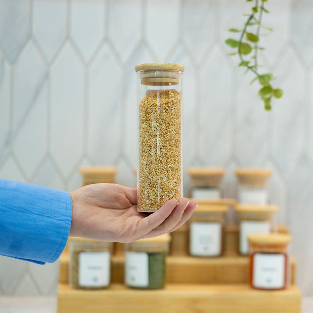250ml Herb & Spice Jar with Bamboo Lid held in a kitchen, ideal for pantry organisation and storage organisers.