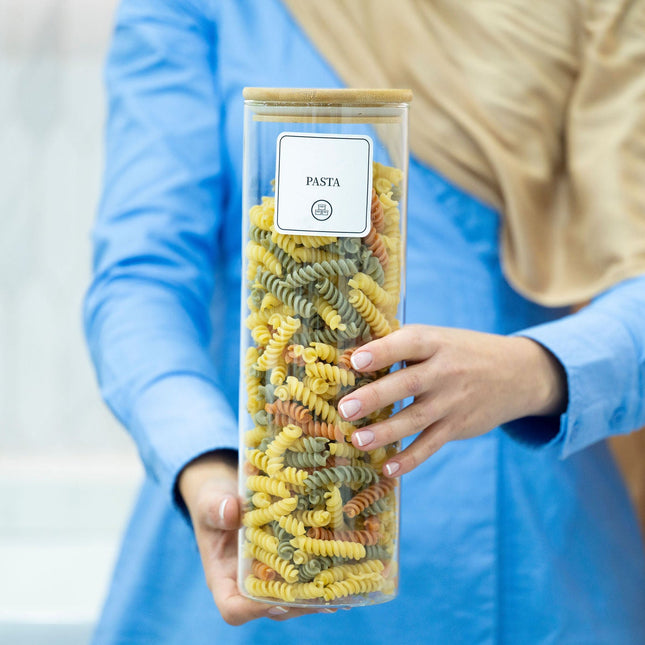 2100ml Glass Storage Jar with Bamboo Lid used for storing pasta in the kitchen, enhancing pantry and kitchen organisation.