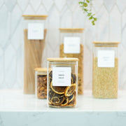 Square Glass Jar with Bamboo Lid – 1100ml Pantry Storage on kitchen countertop for pantry organisation with dried fruit, pasta, and grains.