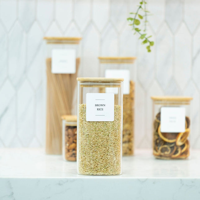 Square Glass Jar with Bamboo Lid – 1250ml Pantry Storage displayed on a kitchen counter showcasing stylish kitchen organisation.