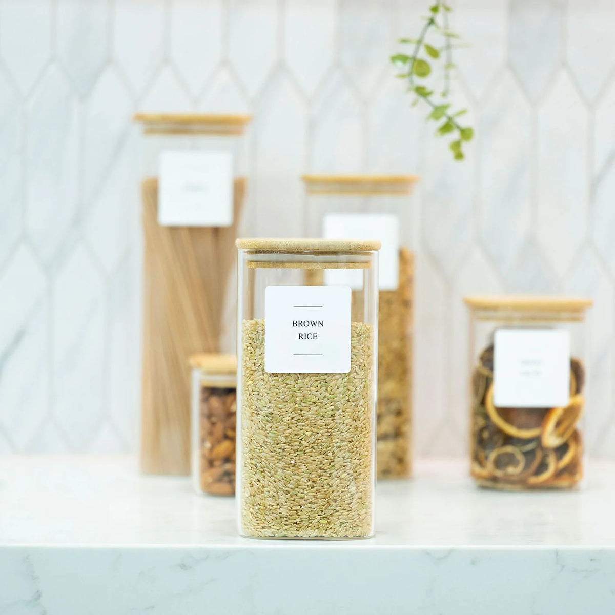 Glass jars from Small Pantry Reset Pack for kitchen organisation, perfect for pantry and fridge storage of dry goods.