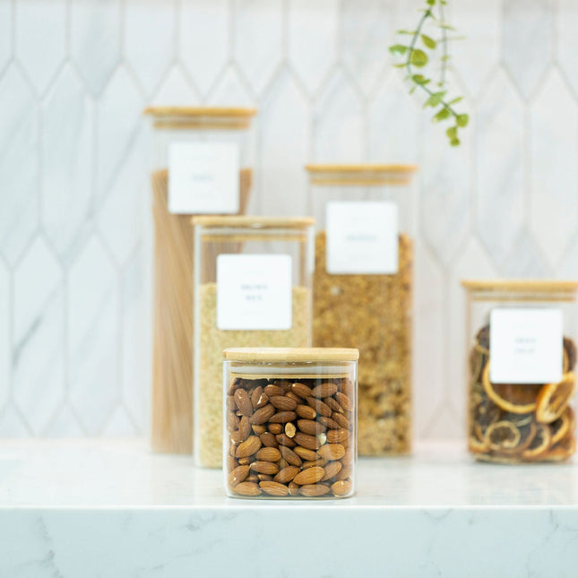 Square Glass Jar with Bamboo Lid – 750ml Pantry Storage filled with almonds, ideal for pantry and kitchen organisation.