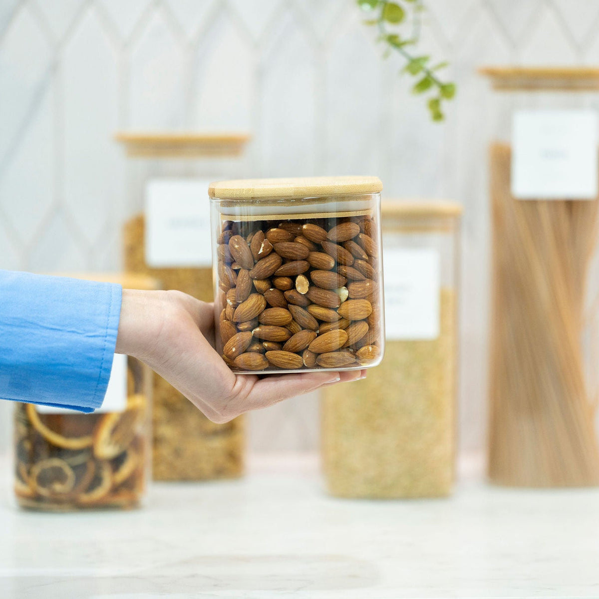 Square Glass Jar with Bamboo Lid – 750ml Pantry Storage filled with almonds, ideal for kitchen organisation and pantry storage solutions.