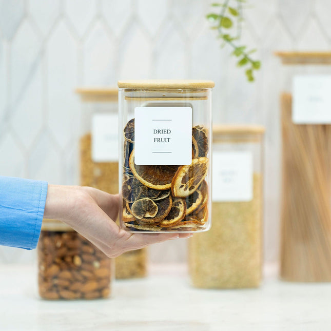 Square Glass Jar with Bamboo Lid – 1100ml Pantry Storage holding dried fruit for stylish pantry organisation.