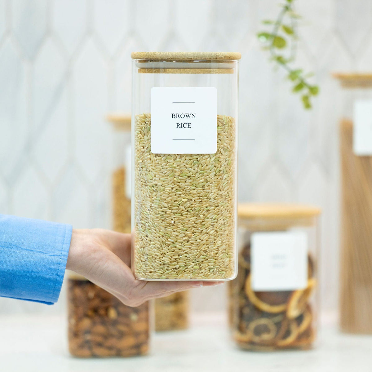Square Glass Jar with Bamboo Lid – 1250ml Pantry Storage, ideal for pantry organisation, storing dry ingredients like rice.