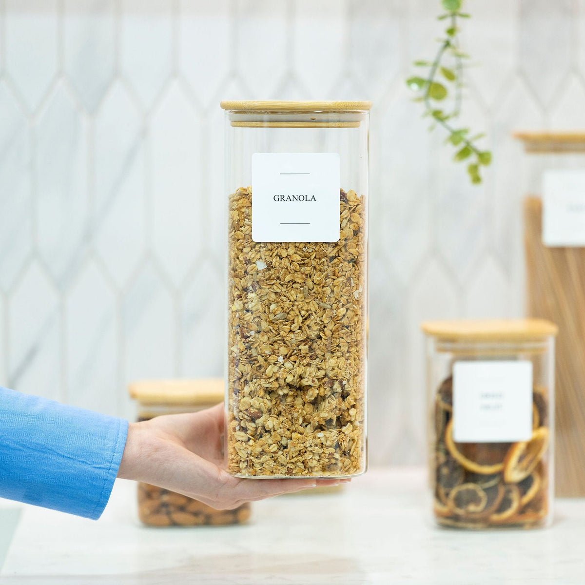 Square Glass Jar with Bamboo Lid – 1500ml Pantry Storage used for kitchen organisation, shown filled with granola.